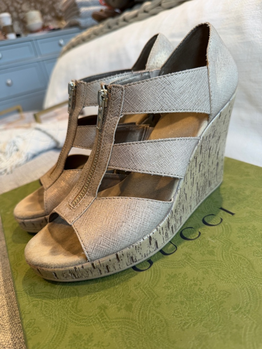 AEROSOLES On Track Metallic Neutral T-Strap Wedge Sandals- SO COMFY OMG